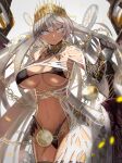  1girl ballista bangs bare_shoulders bikini black_bikini black_gloves black_legwear blue_eyes breasts chain cleavage crown cuffs dark-skinned_female dark_skin earrings elbow_gloves fate/grand_order fate_(series) gloves grey_hair highleg highleg_bikini highres jewelry large_breasts long_hair looking_at_viewer m0_chi navel neck_ring revealing_clothes solo swimsuit sword thighhighs thighs weapon zenobia_(fate) 