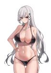  1girl absurdres ass_visible_through_thighs azur_lane bangs bare_shoulders bikini black_bikini breasts butterfly_hair_ornament cleavage closed_mouth collarbone commentary cowboy_shot dunkerque_(azur_lane) eyebrows_visible_through_hair grey_hair groin hair_between_eyes hair_ornament hand_on_hip highres large_breasts long_hair looking_at_viewer manu_(pixiv41646715) navel purple_eyes sidelocks simple_background skindentation solo standing stomach swimsuit thigh_gap white_background 