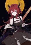  1girl arknights armband bangs bare_shoulders black_background black_dress breasts chest_strap cleavage commentary_request conghuaya cowboy_shot dress hair_between_eyes hair_intakes highres horns long_hair looking_at_viewer medium_breasts moon off_shoulder pouch purple_eyes red_hair solo surtr_(arknights) 