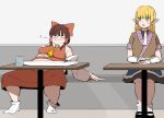  2girls :i after_meal alternate_eye_color arm_warmers bad_id bad_twitter_id bangs black_eyes black_footwear black_shirt black_skirt blonde_hair blush bow breasts brown_hair brown_jacket closed_mouth commentary_request cookie_(touhou) detached_sleeves full_body green_eyes hair_tubes hakurei_reimu jacket joker_(cookie) large_breasts looking_at_another mary_janes medium_breasts medium_hair mizuhashi_parsee multicolored_clothes multicolored_jacket multiple_girls necktie ohasi plump pointy_ears red_bow red_shirt red_skirt reu_(cookie) sash scarf shirt shoes short_hair_with_long_locks short_sleeves sidelocks sitting skirt sleeveless sleeveless_shirt smile socks touhou white_legwear white_sash white_scarf white_sleeves yellow_necktie 
