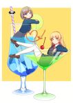 2girls :o bangs blazer blonde_hair blue_eyes blue_jacket blunt_bangs bob_cut border cherry closed_mouth cocktail_glass cup deadnooodles drinking_glass drinking_straw elbow_rest eyebrows_visible_through_hair food from_side fruit full_body green_eyes hairband heanna_sumire heart highres ice ice_cube in_container in_cup jacket light_brown_hair lime_slice loafers looking_at_viewer love_live! love_live!_superstar!! multicolored_hair multiple_girls neck_ribbon open_mouth oversized_object panda pink_hair planet ribbon school_uniform shoes short_hair sitting smile standing standing_on_one_leg straight_hair tang_keke thighhighs thighs two-tone_hair white_border white_legwear yuigaoka_school_uniform zettai_ryouiki 