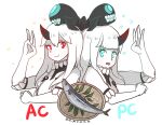  2girls abyssal_ship bangs basket blue_eyes blunt_bangs colored_skin escort_princess fish german_escort_princess hair_between_eyes hi_ye horns i-class_destroyer kancolle_arcade kantai_collection long_hair multiple_girls red_eyes saury sidelocks simple_background single_horn upper_body white_background white_skin 