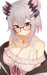  1girl absurdres black-framed_eyewear blush breasts cleavage closed_mouth collarbone double_bun eyebrows_visible_through_hair glasses grey_hair hair_ornament hairclip highres honey_strap large_breasts looking_at_viewer multicolored_hair pink_eyes pink_hair pointy_ears short_hair smile solo suou_patra tyoko_tanuki16 virtual_youtuber 