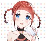  1girl :d asukagawa_chise bangs blue_eyes braid cup disposable_cup gridman_universe hechuan mole mole_under_mouth o-ring polka_dot polka_dot_background red_hair short_hair smile ssss.dynazenon twin_braids twintails upper_body 