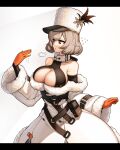  1girl absurdres bare_shoulders blonde_hair blush braid breasts cleavage closed_mouth coat collarbone eyebrows_visible_through_hair french_braid fur-trimmed_coat fur_trim girls&#039;_frontline gloves hachirodesu highres kord_(girls&#039;_frontline) looking_away medium_breasts orange_gloves papakha platinum_blonde_hair red_eyes short_hair solo upper_body white_background white_headwear winter_clothes winter_coat 