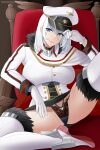  1girl armchair aslindsamure azur_lane banned_artist black_panties black_skirt blue_eyes boots breasts chair closed_mouth clothes_lift eyebrows_visible_through_hair fur-trimmed_boots fur_trim gloves hand_on_headwear hat highres looking_at_viewer medium_hair military military_hat military_uniform panties patreon_username silver_hair sitting skirt skirt_lift smile solo thigh_boots thighhighs thighs tirpitz_(azur_lane) underwear uniform white_footwear white_gloves white_hair white_headwear 