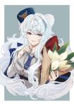  1girl animal_ears arknights bangs bear_ears blue_eyes blue_hair blue_headwear blue_necktie bouquet buttons collared_shirt curly_hair double-breasted flower fur_hat grey_jacket grey_shirt hat heterochromia highres jacket konota_ko long_hair long_sleeves looking_at_viewer multicolored_hair nail_polish necktie red_eyes rosa_(arknights) shirt silver_hair simple_background smile solo streaked_hair tilted_headwear two-tone_background upper_body ushanka white_hair 