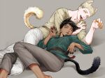  2boys :p animal_ears black_hair blonde_hair blue_eyes blue_pants cat_boy cat_ears cat_tail changye claw_pose dark-skinned_male dark_skin dog_boy dog_ears dog_tail dungeon_meshi feet_out_of_frame fingernails grey_background grey_pants half-closed_eyes kabru kemonomimi_mode laios_thorden looking_at_viewer lying male_focus multiple_boys on_back open_mouth pale_skin pants reclining sash sharp_fingernails simple_background smirk tail tongue tongue_out yellow_eyes 