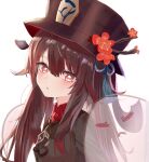  1girl absurdres bangs black_headwear brooch brown_hair coat collared_coat collared_shirt flower flower-shaped_pupils genshin_impact ghost hair_between_eyes hat hat_flower hat_ornament highres hu_tao_(genshin_impact) jewelry long_hair looking_at_viewer lshiki open_mouth plum_blossoms porkpie_hat red_eyes red_shirt shirt simple_background solo symbol-shaped_pupils tassel twintails white_background 
