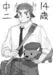  1boy animal_ears collared_shirt cow_boy cow_ears cow_horns feet_out_of_frame fiery_horns forked_eyebrows greyscale highres holding holding_stuffed_toy horns looking_at_viewer male_focus monochrome necktie shirt short_hair solo spiked_hair stuffed_toy thick_eyebrows tokyo_afterschool_summoners translated tsuk8454 wakan_tanka younger 