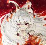  1girl bangs bow collared_shirt commentary eyebrows_visible_through_hair fingernails fire fujiwara_no_mokou grin hair_bow highres hisako_(6anmbblfnjueeff) long_fingernails long_hair long_sleeves looking_at_viewer one-hour_drawing_challenge red_background red_eyes red_ribbon ribbon ribbon-trimmed_bow shirt smile solo suspenders touhou traditional_media upper_body v-shaped_eyebrows white_bow white_hair white_shirt 