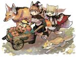  2girls alternate_costume alternate_hairstyle animal animal_ears bangs blonde_hair boots braid braided_ponytail brown_eyes brown_hair cape cart creature_and_personification extra_ears eyebrows_visible_through_hair fangs fox fox_ears fox_girl fox_tail hat highres igarashi_(nogiheta) jack-o&#039;-lantern kemono_friends long_hair lucky_beast_(kemono_friends) maned_wolf_(kemono_friends) medium_hair midriff multicolored_hair multiple_girls navel open_mouth pantyhose pumpkin pushing pushing_cart running shirt shoes sidelocks single_braid skirt stomach tail tibetan_fox_(kemono_friends) two-tone_hair vampire_costume white_hair witch_hat wolf wolf_ears wolf_girl wolf_tail yellow_eyes 