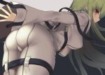  1girl arms_behind_back ass breasts c.c. code_geass green_hair hanging_breasts large_breasts long_hair long_sleeves looking_at_viewer looking_back ogadenmon profile solo straitjacket wide_sleeves yellow_eyes 