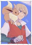  1boy bangs banned_artist blonde_hair blue_background border closed_mouth collarbone eevee green_shirt grey_eyes hair_between_eyes long_sleeves male_focus on_shoulder pokemon pokemon_(anime) pokemon_(creature) pokemon_bw_(anime) pokemon_on_shoulder shirt short_hair smile upper_body virgil_(pokemon) white_border yu_(xcapriccioso) 