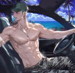  1boy abs baseball_cap belt camouflage camouflage_pants car car_interior chain_necklace cloud day driving food food_in_mouth green_hair ground_vehicle hat jewelry male_focus motor_vehicle navel necklace nipples on_vehicle one_piece pants pectorals popsicle popsicle_in_mouth popsicle_stick roronoa_zoro runa_(artist) scar scar_on_chest short_hair sitting sky solo steering_wheel stomach_tattoo tattoo toned toned_male topless_male 