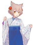  1boy animal_ears brown_eyes brown_hair cat_ears crossdressing felix_argyle flower hair_flower hair_ornament japanese_clothes male_focus otoko_no_ko re:zero_kara_hajimeru_isekai_seikatsu ribbon shake_sawa short_hair solo white_background wide_sleeves 