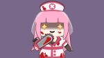  +_+ 1girl 3d bangs blood blood_on_clothes blood_on_face blood_splatter blunt_bangs chainsaw chibi commentary english_commentary full_body hat highres hololive hololive_english long_hair looking_at_viewer mori_calliope nurse nurse_cap pink_hair purple_background seafoamboy shaded_face simple_background smile standing upper_body veil virtual_youtuber walfie_(style) |_| 