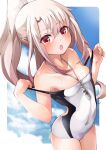  1girl :o bangs bare_shoulders blue_sky blush breasts collarbone cosplay covered_navel fate/grand_order fate/kaleid_liner_prisma_illya fate_(series) hair_between_eyes high_ponytail highleg highleg_swimsuit highres illyasviel_von_einzbern jeanne_d&#039;arc_(fate) jeanne_d&#039;arc_(swimsuit_archer)_(fate) jeanne_d&#039;arc_(swimsuit_archer)_(fate)_(cosplay) long_hair looking_at_viewer mochi_(k620803n) off_shoulder one-piece_swimsuit open_mouth red_eyes sidelocks sky small_breasts solo swimsuit thighs whistle whistle_around_neck white_hair 