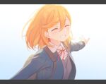  1girl ^_^ backpack bag bangs blue_jacket closed_eyes collared_shirt commentary_request deadnooodles dress dress_shirt eyebrows_visible_through_hair facing_viewer grey_dress grin hair_between_eyes jacket letterboxed long_hair love_live! love_live!_superstar!! neck_ribbon open_clothes open_jacket orange_hair red_ribbon ribbon school_uniform shibuya_kanon shirt smile solo upper_body white_shirt 