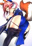  1girl absurdres animal_ear_fluff animal_ears ass bangs bare_shoulders black_legwear bow dress eyebrows_visible_through_hair fang fate/extra fate_(series) fox_ears fox_girl fox_tail hair_between_eyes hair_bow highres leaning_forward leg_up long_hair long_sleeves looking_at_viewer off-shoulder_dress off_shoulder open_mouth panties panty_pull pelvic_curtain sidelocks skin_fang smile solo tail tamamo_(fate) tamamo_no_mae_(fate/extra) thighhighs thighs underwear wisespeak 