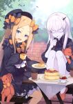  2girls abigail_williams_(fate) albino bags_under_eyes bangs black_bow black_dress black_headwear blonde_hair bloomers blue_eyes bow chair colored_skin commission cup day disposable_cup dress eating fate/grand_order fate_(series) food food_on_face forehead frills hair_bow hat highres holding holding_plate holding_spoon horns lavinia_whateley_(fate) leaf long_hair long_sleeves looking_at_viewer multiple_bows multiple_girls open_mouth orange_bow outdoors pancake parted_bangs pink_eyes plant plate saipaco sidelocks single_horn sitting skeb_commission sleeves_past_fingers sleeves_past_wrists smile spoon steam stuffed_animal stuffed_toy table teddy_bear tongue toy tree underwear utensil_in_mouth very_long_hair white_bloomers white_hair white_skin wooden_table 