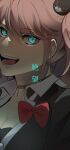  1girl :d bangs bear_hair_ornament black_choker black_shirt blonde_hair blue_eyes bow breasts choker cleavage commentary_request crazy_eyes danganronpa:_trigger_happy_havoc danganronpa_(series) enoshima_junko eyebrows_visible_through_hair hair_ornament highres large_breasts long_hair looking_at_viewer minyong_(mi_nyong_uu) red_bow shirt smile solo teeth translated twintails upper_body 