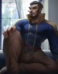  1boy absurdres bara beard blurry blurry_background brown_hair bulge cigar dark-skinned_male dark_skin facial_hair foot_out_of_frame forked_eyebrows gazef_stronoff hair_slicked_back highres knee_up looking_at_viewer male_focus mature_male military military_uniform muscular muscular_male official_alternate_costume overlord_(maruyama) pectorals short_hair sitting smoking solo stomach thick_eyebrows uniform uu_(pixiv11319066) window 