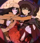  1girl alternate_costume artist_logo bangs black_cape black_hair black_headwear blush bow bowtie brick_wall brown_capelet brown_hair brown_jacket brown_skirt cape capelet carrying chitanda_eru detective feet_out_of_frame gloves hat highres hyouka jacket long_hair mery_(yangmalgage) monocle oreki_houtarou parted_lips princess_carry purple_bow purple_bowtie purple_eyes short_hair skirt teeth top_hat torn_clothes torn_legwear wavy_mouth white_gloves 