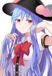  1girl black_headwear blue_hair blush bow bowtie buttons closed_mouth commentary_request e.o. eyebrows_visible_through_hair fingernails food fruit hair_between_eyes hat highres hinanawi_tenshi long_hair peach puffy_short_sleeves puffy_sleeves red_bow red_bowtie red_eyes shirt short_sleeves simple_background smile solo touhou upper_body white_background white_shirt 