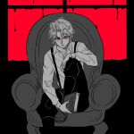  1boy armchair book chair dio_brando highres holding holding_book jojo_no_kimyou_na_bouken looking_at_viewer male_focus monochrome partially_colored phantom_blood red_eyes red_theme sitting solo suspenders window yonchi 