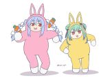  2girls :d animal_costume animal_ears blue_hair braid bunny_costume double_bun gradient_hair green_hair hair_through_headwear hololive kukie-nyan multicolored_hair multiple_girls rabbit_ears red_eyes red_hair simple_background smile super_bunny_man twin_braids twintails twitter_username two-tone_hair uruha_rushia usada_pekora virtual_youtuber white_background 