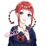  1girl :d artist_request asukagawa_chise bangs black_serafuku blue_eyes bow braid candy check_artist food gridman_universe hand_up hechuan holding holding_candy holding_food holding_lollipop lollipop long_sleeves mole mole_under_mouth red_bow red_hair school_uniform serafuku sidelocks simple_background smile solo ssss.dynazenon twin_braids twintails white_background 