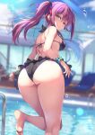  1girl amasawa_ichika ass bangs bare_shoulders barefoot bikini black_bikini blue_sky blurry blurry_background blush bow breasts closed_mouth cloud day eyebrows_visible_through_hair fingernails from_behind hair_bow highres leg_up lips long_hair looking_at_viewer looking_back medium_breasts nail_polish official_art outdoors pool purple_hair scrunchie shiny shiny_hair shiny_skin simple_background sky smile solo sunlight swimsuit thighs tied_hair toes tomose_shunsaku twintails water water_drop wrist_scrunchie yellow_eyes youkoso_jitsuryoku_shijou_shugi_no_kyoushitsu_e 