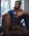  1boy absurdres bara bare_pectorals beard blurry blurry_background brown_hair brown_pants bulge cigar dark-skinned_male dark_skin facial_hair foot_out_of_frame forked_eyebrows gazef_stronoff hair_slicked_back highres knee_up looking_at_viewer male_focus mature_male military military_uniform muscular muscular_male official_alternate_costume overlord_(maruyama) pants pectorals shirt short_hair sitting smoking solo thick_eyebrows torn_clothes torn_shirt uniform uu_(pixiv11319066) window 