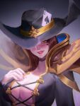  1girl ace_of_spades black_headwear breasts brown_hair cleavage facial_mark genderswap genderswap_(mtf) gold_trim grey_background hand_up highres large_breasts league_of_legends lolittleboy long_hair looking_at_viewer smile twisted_fate upper_body 