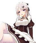  1girl 9a-91_(girls&#039;_frontline) absurdres alternate_costume blue_eyes blush breasts enmaided eyebrows_visible_through_hair from_above girls&#039;_frontline hair_ornament hairclip highres long_hair looking_at_viewer maid maid_headdress medium_breasts open_mouth pantyhose silver_hair solo upper_body white_background white_legwear yanagui 