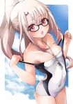  1girl :o bangs bare_shoulders blue_sky blush breasts collarbone cosplay covered_navel fate/grand_order fate/kaleid_liner_prisma_illya fate_(series) glasses hair_between_eyes high_ponytail highleg highleg_swimsuit highres illyasviel_von_einzbern jeanne_d&#039;arc_(fate) jeanne_d&#039;arc_(swimsuit_archer)_(fate) jeanne_d&#039;arc_(swimsuit_archer)_(fate)_(cosplay) long_hair looking_at_viewer mochi_(k620803n) off_shoulder one-piece_swimsuit open_mouth red_eyes sidelocks sky small_breasts solo swimsuit thighs whistle whistle_around_neck white_hair 