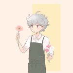 1boy ahoge alternate_costume apron bangs bede_(pokemon) blush collared_shirt commentary_request curly_hair eyebrows_visible_through_hair flower green_apron grey_hair hand_up holding holding_flower male_focus parted_lips pink_flower pokemon pokemon_(game) pokemon_swsh purple_eyes shirt short_hair solo white_flower white_shirt yja61 