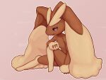  1girl animal_ears animal_nose black_sclera blush body_fur brown_fur closed_mouth collarbone colored_sclera commentary_request flat_chest full_body furry furry_female half-closed_eyes hand_up highres knee_up light_blush looking_at_viewer lopunny mentaiko_jojotarou outline partial_commentary pink_background pink_eyes pokemon pokemon_(creature) rabbit_ears rabbit_girl simple_background sitting snout solo two-tone_fur yellow_fur yellow_outline 