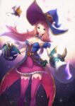  1girl alternate_costume bare_shoulders bat belt bewitching_miss_fortune breasts brooch brown_hair candle cleavage detached_collar dress dual_wielding fire gold_trim gradient gradient_background green_eyes hat hat_belt highres holding jewelry league_of_legends lolittleboy long_hair medium_breasts miss_fortune_(league_of_legends) pink_dress pink_legwear purple_fire smle thighhighs witch_hat 