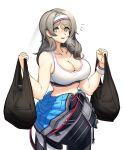  1girl absurdres bag black_bag blush breasts cleavage collarbone commentary_request eyebrows_visible_through_hair feet_out_of_frame girls&#039;_frontline grey_eyes grey_hair hachirodesu hairband highres holding holding_bag k3_(girls&#039;_frontline) large_breasts long_hair looking_at_viewer open_mouth solo sports_bra upper_body white_background white_sports_bra 