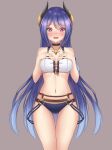  1girl bare_arms bare_shoulders black_choker black_panties blush bra breasts choker cleavage cowboy_shot gradient_hair grey_background hands_on_own_chest highres horns jewelry long_hair looking_at_viewer maru.selinn medium_breasts multicolored_hair navel necklace nose_blush open_mouth panties princess_connect! purple_hair red_eyes rei_(princess_connect!) simple_background solo standing stomach thigh_gap thighs underwear very_long_hair white_bra 