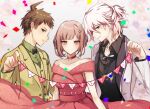  1girl 2boys ahoge black_bow black_vest bow bowtie braid breasts brown_eyes brown_hair brown_jacket brown_shirt choker cleavage collarbone collared_shirt commentary confetti danganronpa_(series) danganronpa_10th_anniversary_costume danganronpa_2:_goodbye_despair dated dress dress_shirt from_side galaga green_eyes green_shirt hair_ornament hairclip hand_up happy_birthday highres hinata_hajime holding jacket komaeda_nagito light_brown_hair medium_breasts miyuzu multiple_boys nanami_chiaki necktie off-shoulder_dress off_shoulder official_alternate_costume parted_lips pink_choker pink_dress pink_neckwear profile ribbon shirt short_hair smile teeth upper_body vest white_jacket 