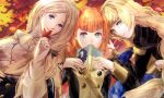  3girls annette_fantine_dominic bangs beige_capelet black_jacket blonde_hair blue_eyes book capelet capri_(blaue0514) commentary_request eyebrows_visible_through_hair fire_emblem fire_emblem:_three_houses garreg_mach_monastery_uniform green_eyes grin highres holding holding_book ingrid_brandl_galatea jacket long_hair long_sleeves looking_at_viewer mercedes_von_martritz multiple_girls orange_hair parted_lips shirt smile upper_body white_shirt 