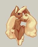  1girl :3 animal_ears animal_nose arm_at_side black_sclera blush body_fur brown_fur closed_mouth collarbone colored_sclera commentary_request cropped_legs flat_chest furry furry_female grey_background hand_up happy highres legs_together light_blush looking_at_viewer lopunny mentaiko_jojotarou navel orange_outline partial_commentary pink_eyes pokemon pokemon_(creature) rabbit_ears rabbit_girl simple_background smile snout solo standing stomach tongue tongue_out two-tone_fur waving wide_hips yellow_fur 