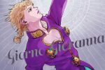  1boy arm_up blonde_hair braid brooch cleavage_cutout clothing_cutout giorno_giovanna green_hair highres jewelry jojo_no_kimyou_na_bouken male_focus parted_lips pectoral_cleavage pectorals solo vento_aureo yonchi 