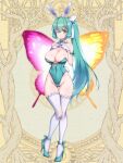  1girl ;) animal_ears ass_visible_through_thighs asymmetrical_wings bare_shoulders bow bowtie breasts butterfly_wings cleavage closed_mouth cocytus_(wind_master) collarbone covered_navel covered_nipples cross-laced_clothes dairoku_ryouhei detached_collar eyebrows_visible_through_hair fake_animal_ears gloves glowing glowing_wings green_eyes green_hair green_leotard hair_between_eyes hair_bow hair_ornament hands_on_own_chest high_heels highleg highleg_leotard huge_breasts knee_up leotard long_hair no_panties one_eye_closed playboy_bunny ponytail rabbit_tail roots shiny smile solo standing standing_on_one_leg stiletto_heels strapless strapless_leotard tail thigh_gap thighhighs tree white_bow white_gloves wings yellow_background 
