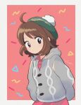  1girl arms_behind_back bangs blush bob_cut border brown_eyes brown_hair buttons cable_knit cardigan closed_mouth commentary_request dress eyelashes gloria_(pokemon) green_headwear grey_cardigan hat hooded_cardigan outside_border pink_dress pokemon pokemon_(game) pokemon_swsh short_hair signature solo tam_o&#039;_shanter white_border yja61 