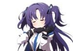  1girl adjusting_clothes adjusting_gloves black_gloves blue_archive breasts closed_eyes closed_mouth commentary_request gloves hair_ornament highres id_card jacket medium_breasts necktie portrait purple_hair simple_background sizque solo white_background yuuka_(blue_archive) 