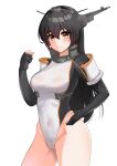  1girl absurdres adapted_costume bad_id bad_pixiv_id black_hair breasts brown_eyes cowboy_shot headgear highleg highleg_leotard highres kantai_collection large_breasts leotard long_hair multicolored_leotard nagato_(kancolle) remodel_(kantai_collection) simple_background sing152 solo standing swimsuit white_background white_leotard 